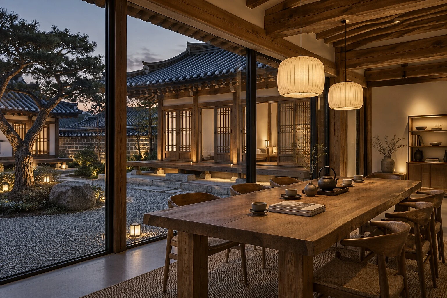 저녁의 사랑방 라운지, 긴 나무 테이블과 통유리 너머 마당
