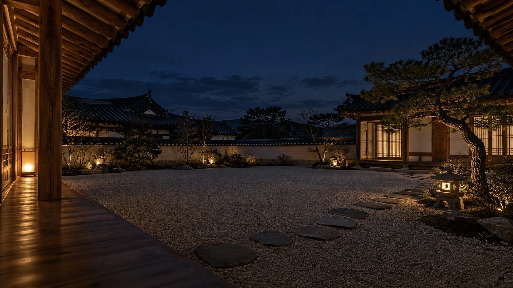 밤의 자갈 마당과 석등